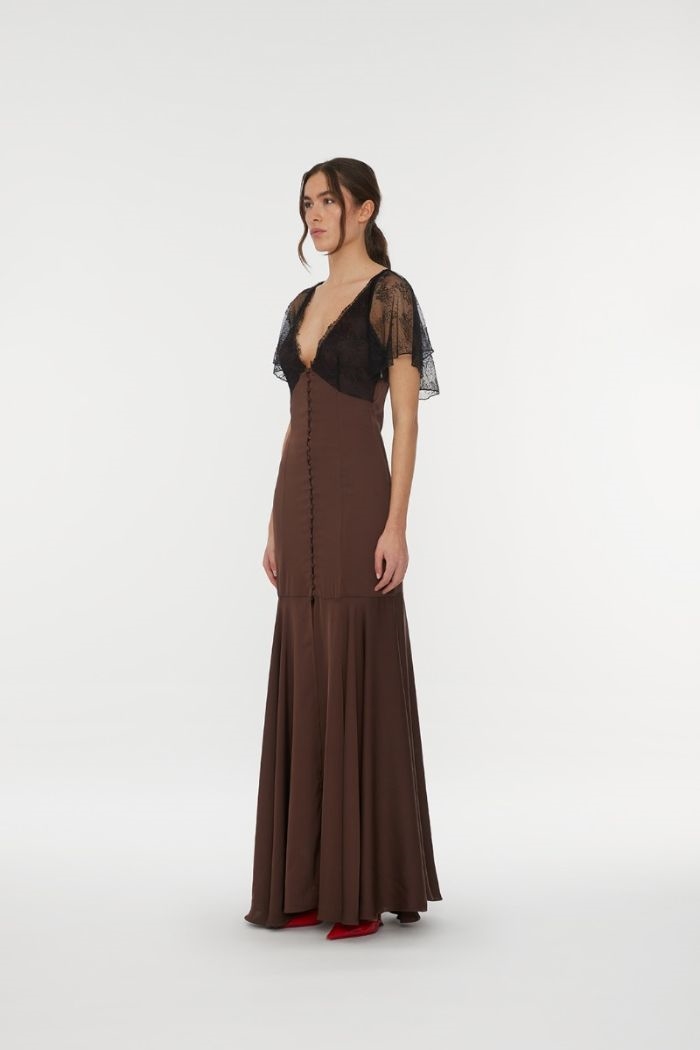 Rotate, Lace Maxi V-Neck Dress, Chicory Coffee